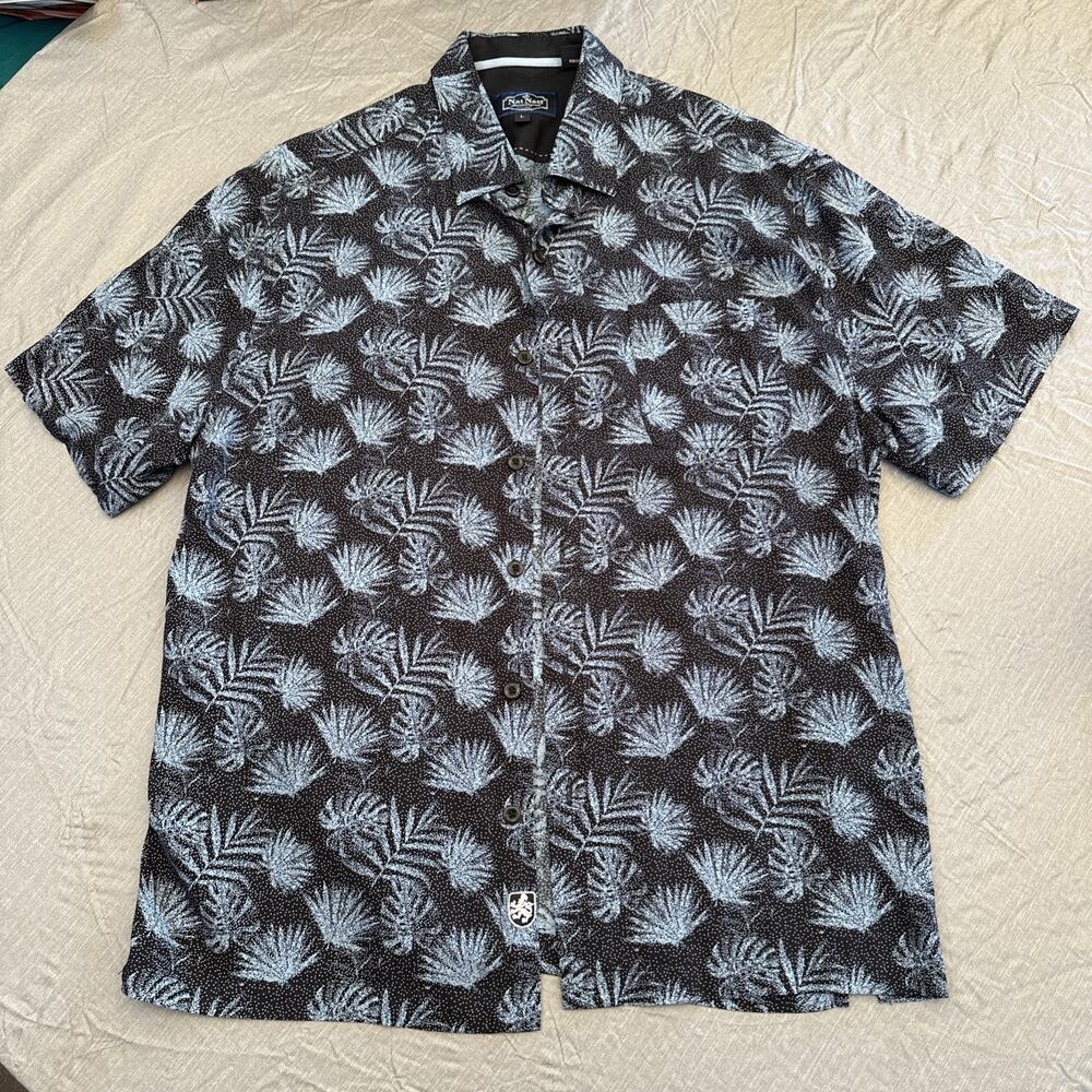 Nat Nast Shirt Mens L Luxury Originals Short Sleeve Black Blue Palm - Silk Blend